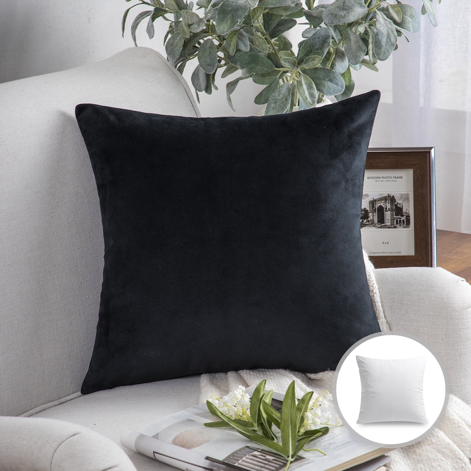 Phantoscope Soft Silky Velvet Series Decorative Throw Pillow, 20" x 20", Black, 1 Pack