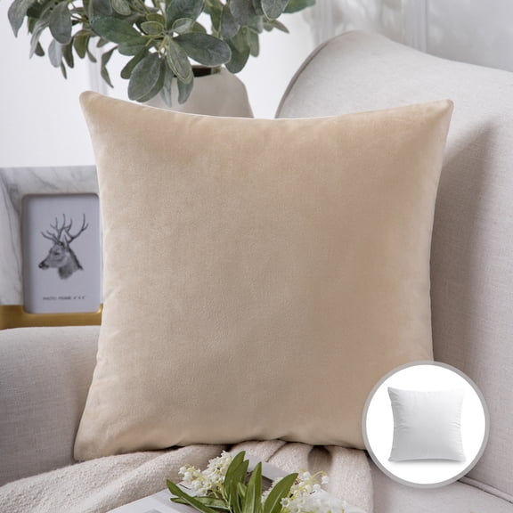 Phantoscope Soft Silky Velvet Series Decorative Throw Pillow, 22" x 22", Beige, 1 Pack
