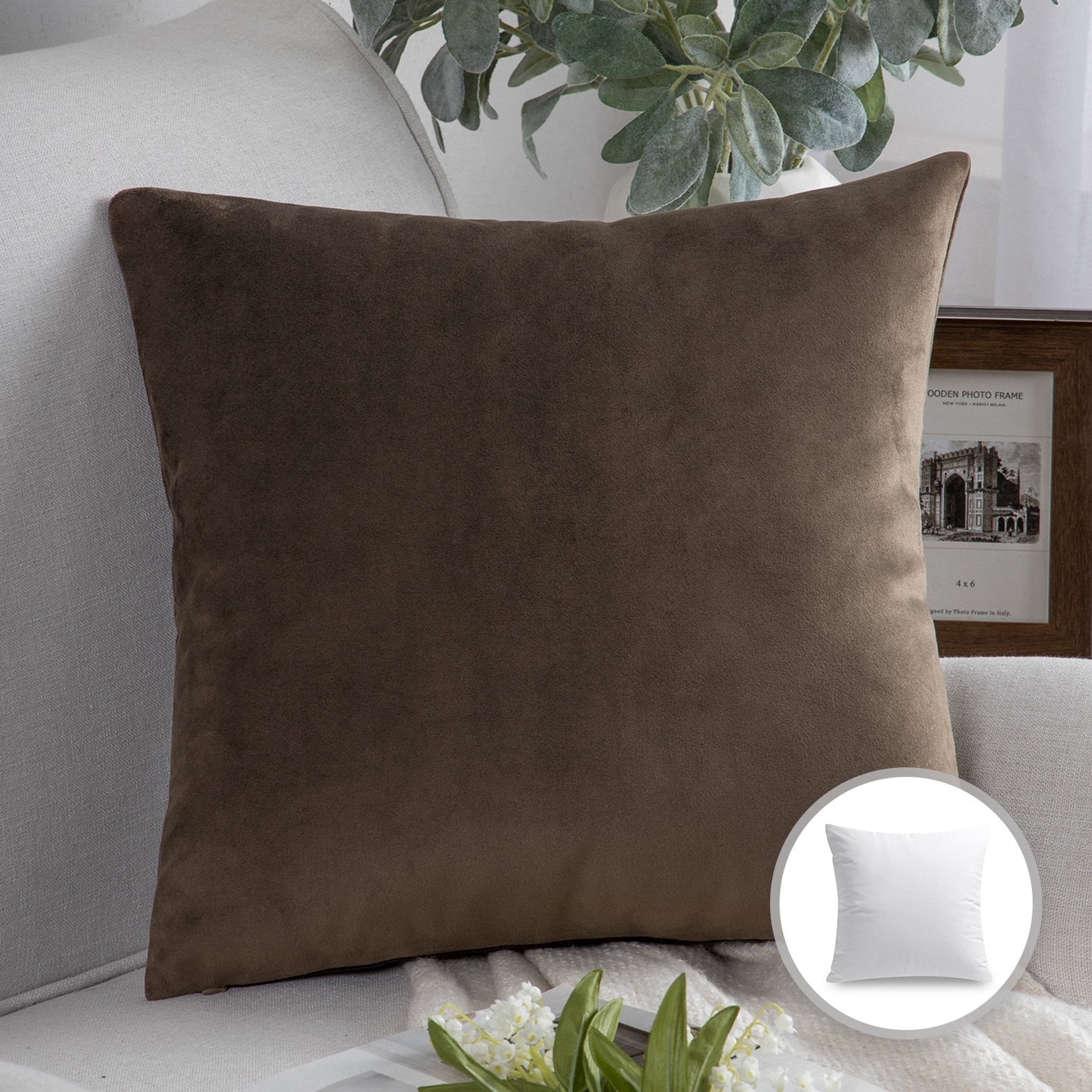 Phantoscope Soft Silky Velvet Series Decorative Throw Pillow, 22" x 22", Dark Coffee, 1 Pack