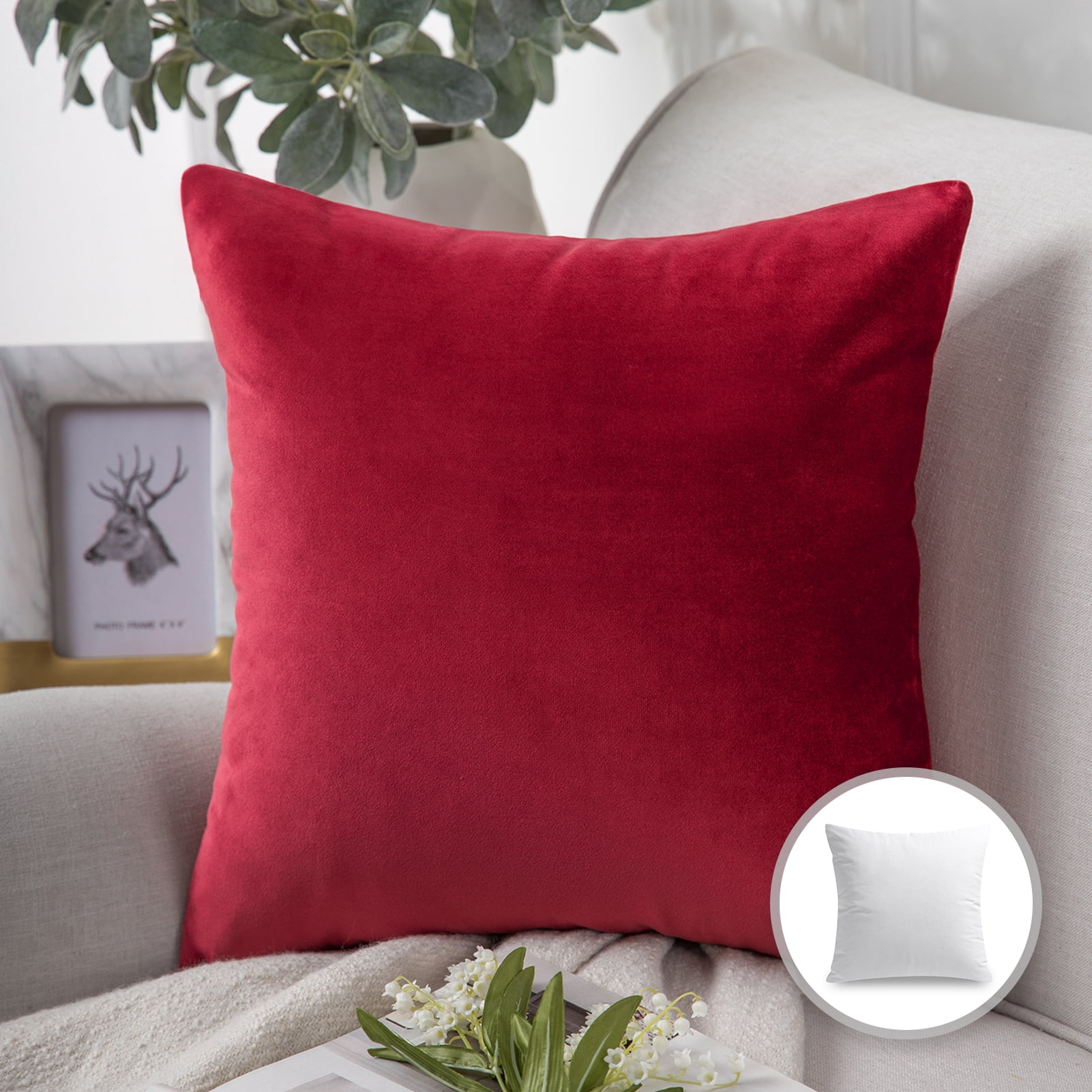 Phantoscope Soft Silky Velvet Series Decorative Throw Pillow, 22" x 22", Red, 1 Pack