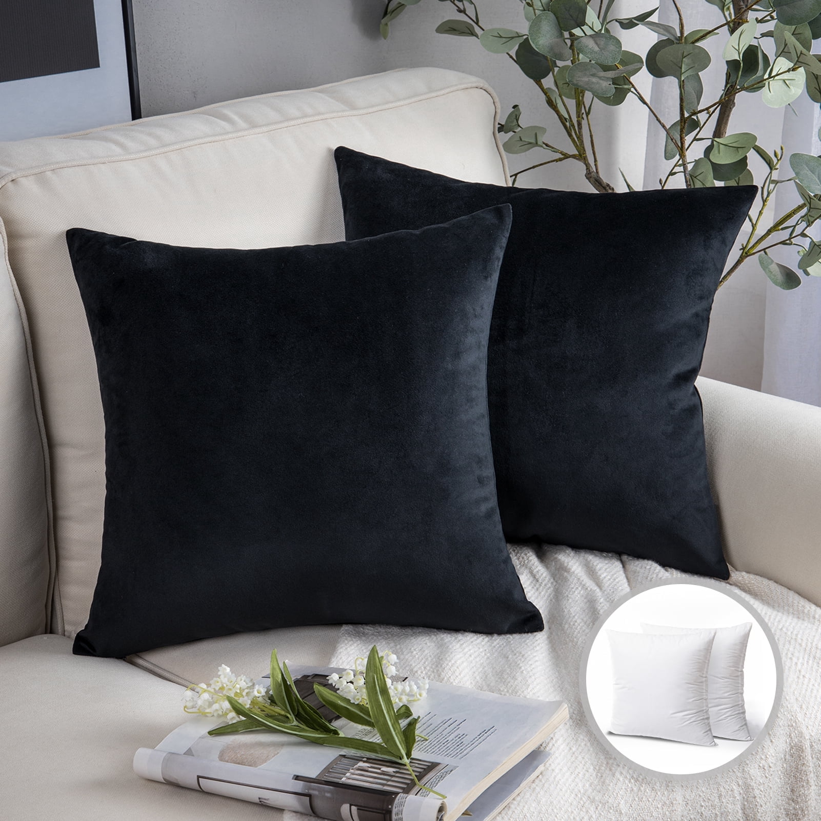 Phantoscope Soft Silky Velvet Series Square Decorative Throw Pillow Cushion for Couch, 20" x 20", Black, 2 Pack