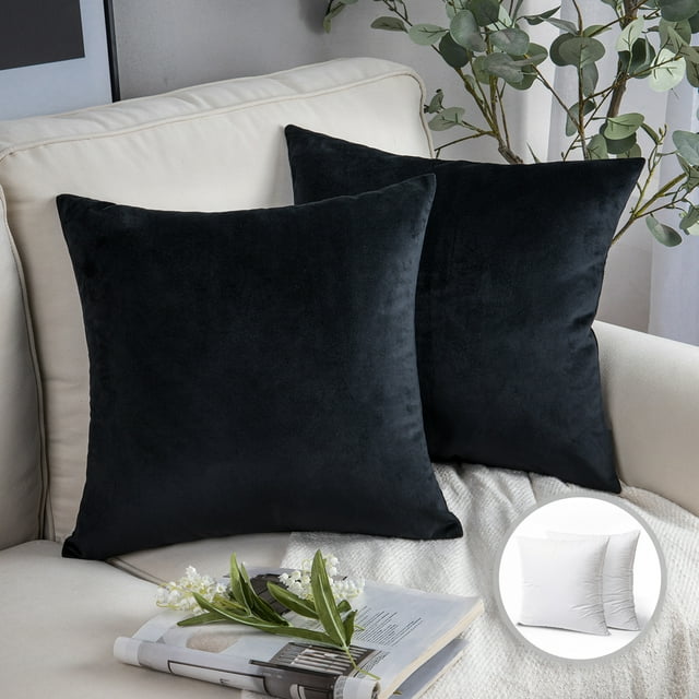 Phantoscope Soft Silky Velvet Series Square Decorative Throw Pillow Cushion for Couch, 20" x 20", Black, 2 Pack