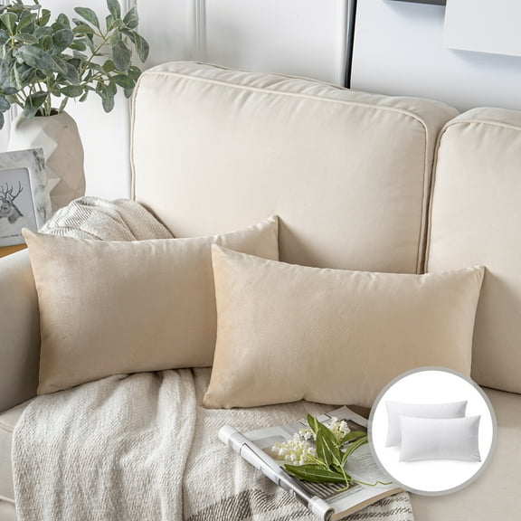 Phantoscope Soft Silky Velvet Series Square Decorative Throw Pillow Cusion for Couch, 12" x 20", Beige, 2 Pack