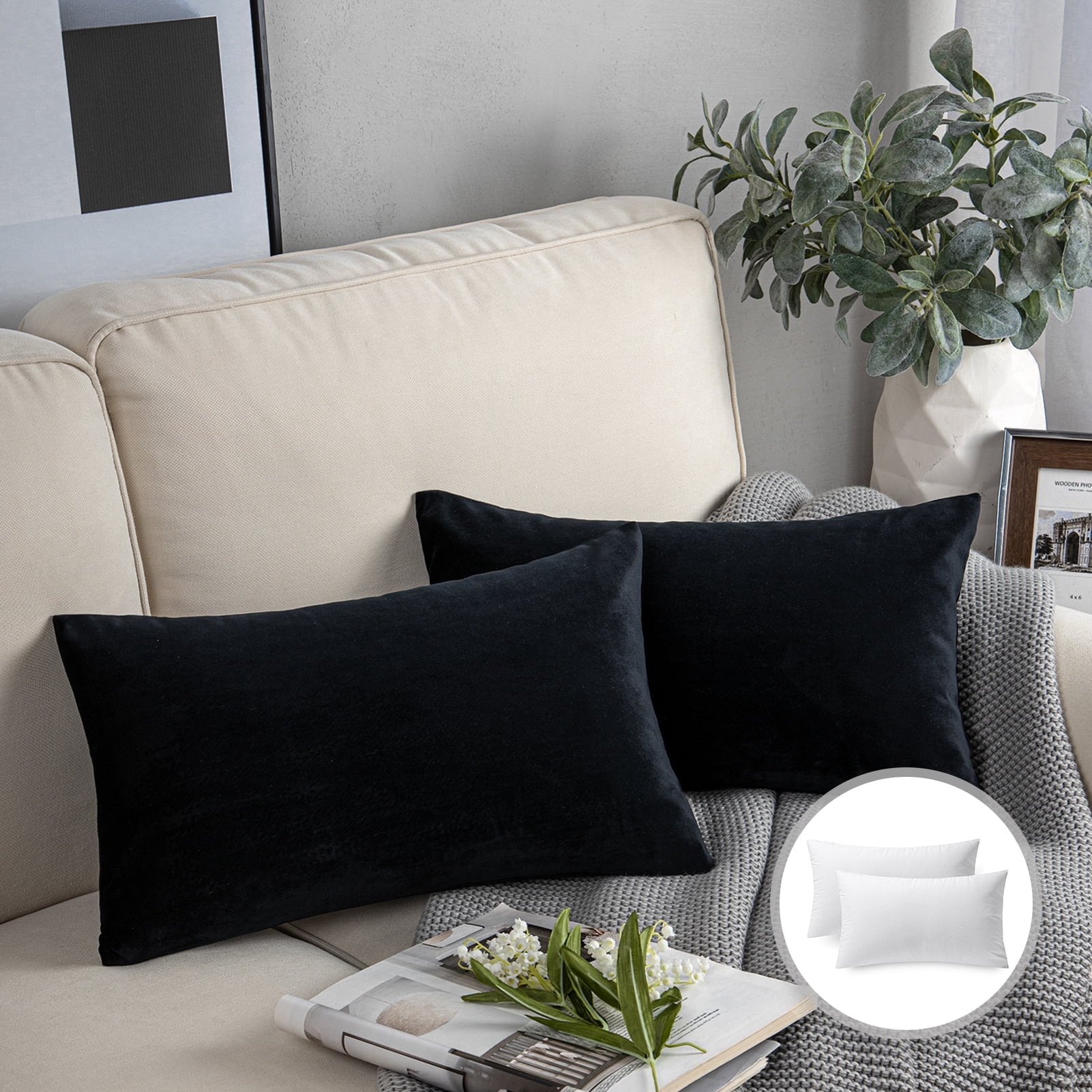 Phantoscope Soft Silky Velvet Series Square Decorative Throw Pillow Cusion for Couch, 12" x 20", Black, 2 Pack