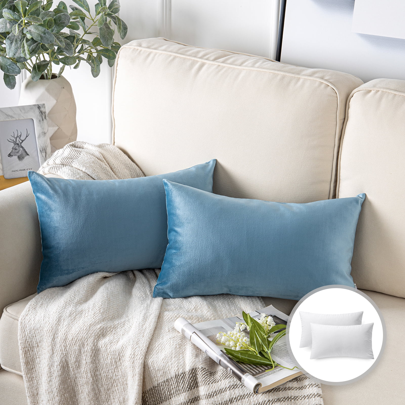 Phantoscope Soft Silky Velvet Series Square Decorative Throw Pillow Cusion for Couch, 12" x 20", Blue, 2 Pack