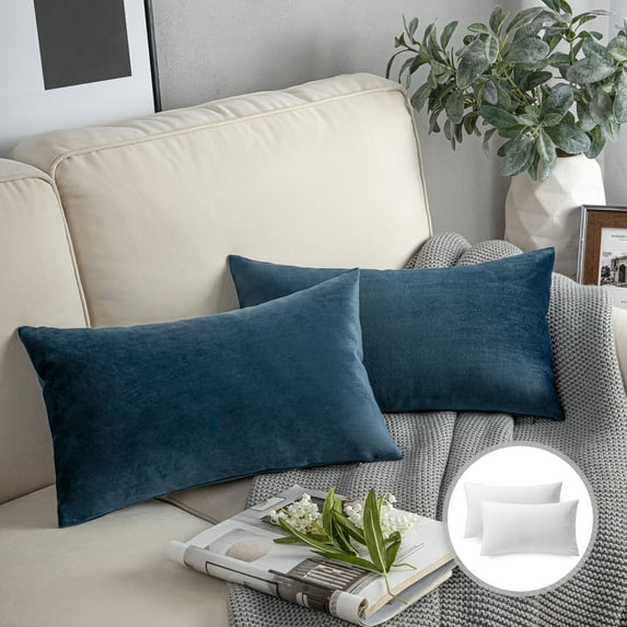 Phantoscope Soft Silky Velvet Series Square Decorative Throw Pillow Cusion for Couch, 12" x 20", Dark Blue, 2 Pack
