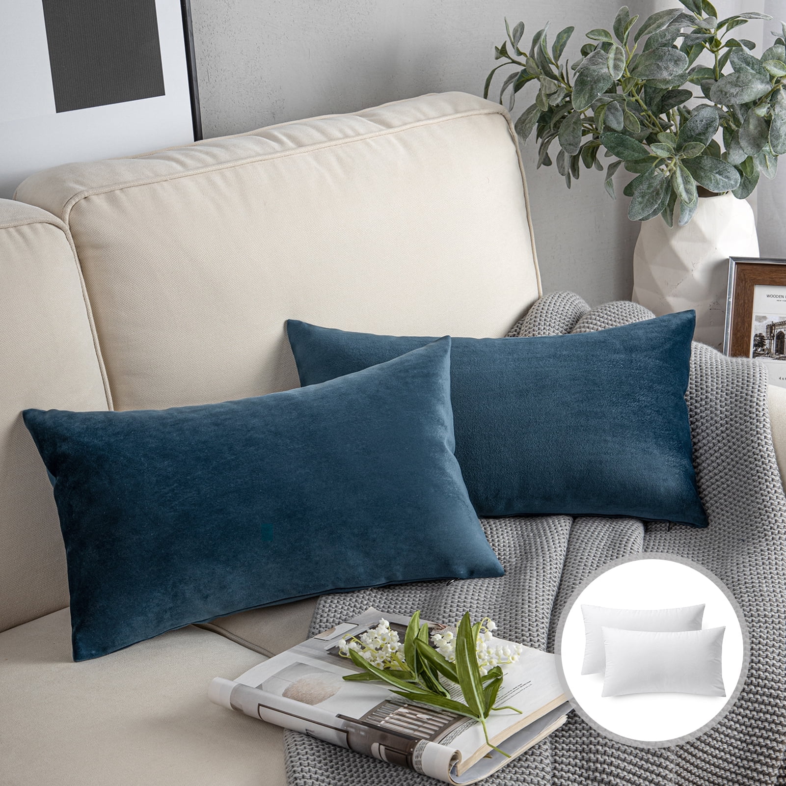 Phantoscope Soft Silky Velvet Series Square Decorative Throw Pillow Cusion for Couch, 12" x 20", Dark Blue, 2 Pack