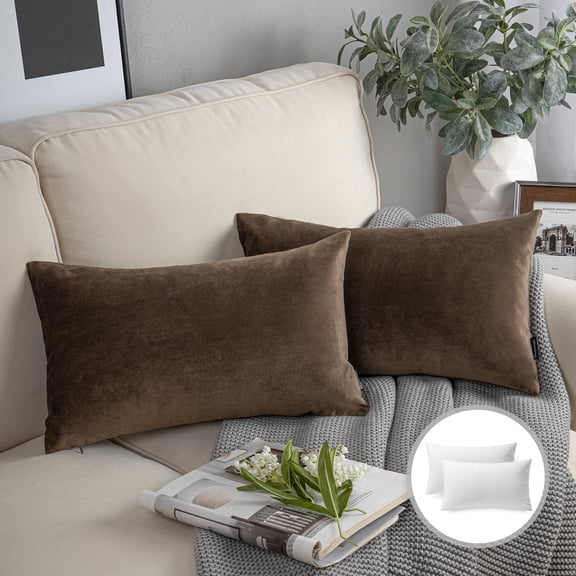 Phantoscope Soft Silky Velvet Series Square Decorative Throw Pillow Cusion for Couch, 12" x 20", Dark Brown, 2 Pack