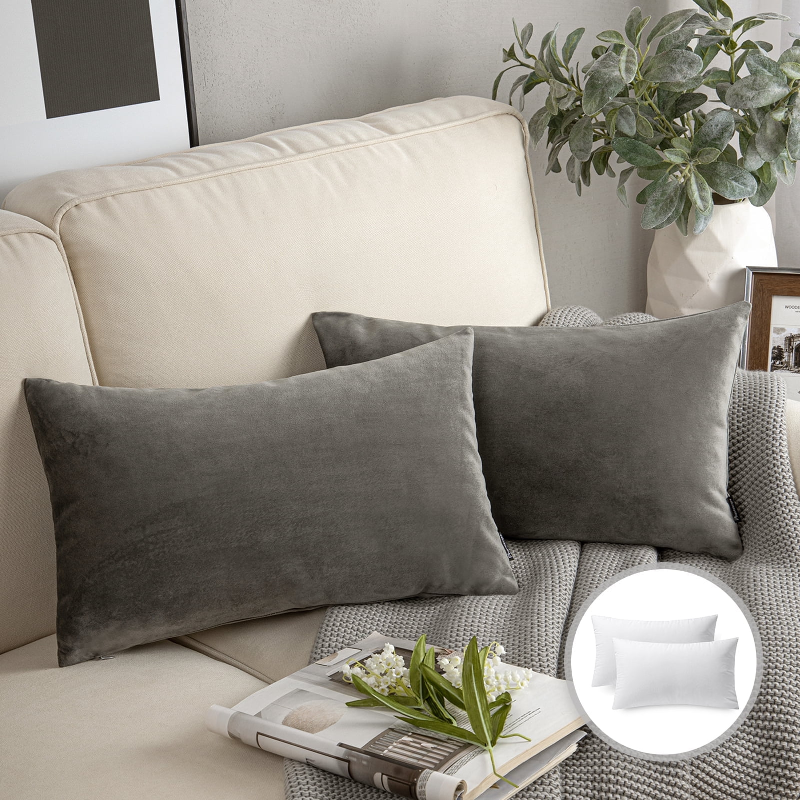 Phantoscope Soft Silky Velvet Series Square Decorative Throw Pillow Cusion for Couch, 12" x 20", Dark Gray, 2 Pack