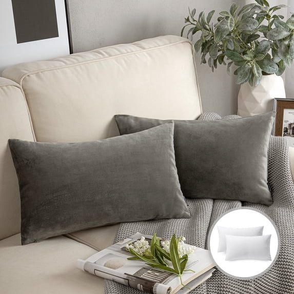 Phantoscope Soft Silky Velvet Series Square Decorative Throw Pillow Cusion for Couch, 12" x 20", Dark Gray, 2 Pack