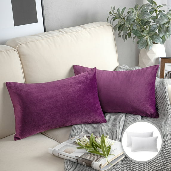 Phantoscope Soft Silky Velvet Series Square Decorative Throw Pillow Cusion for Couch, 12" x 20", Dark Purple, 2 Pack