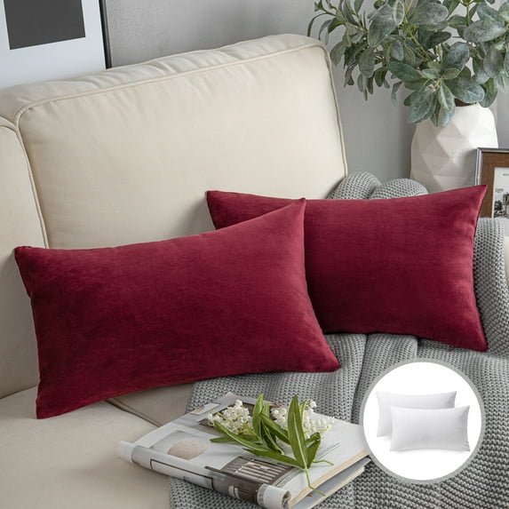 Phantoscope Soft Silky Velvet Series Square Decorative Throw Pillow Cusion for Couch, 12" x 20", Dark Red, 2 Pack