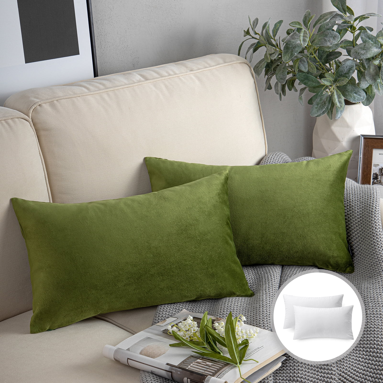 Phantoscope Soft Silky Velvet Series Square Decorative Throw Pillow Cusion for Couch, 12" x 20", Green, 2 Pack