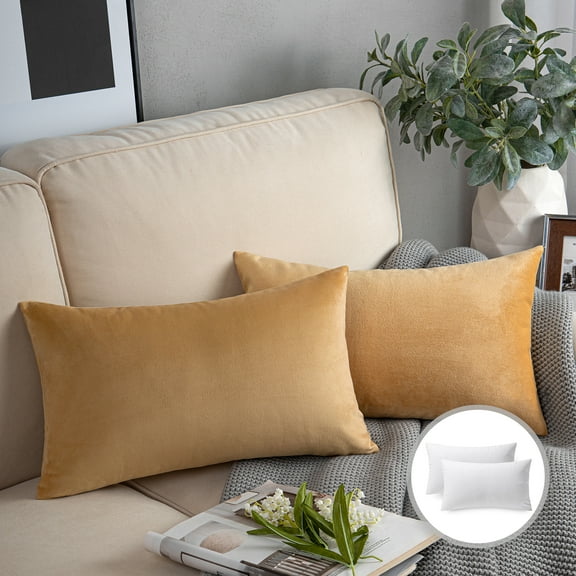 Phantoscope Soft Silky Velvet Series Square Decorative Throw Pillow Cusion for Couch, 12" x 20", Light Brown, 2 Pack