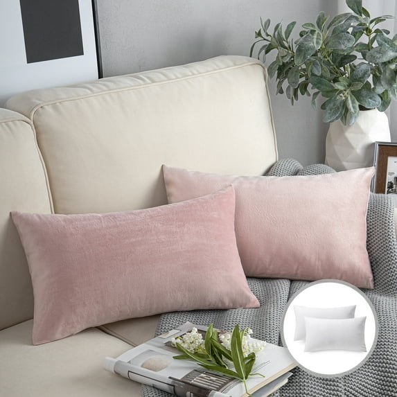 Phantoscope Soft Silky Velvet Series Square Decorative Throw Pillow Cusion for Couch, 12" x 20", Light Pink, 2 Pack