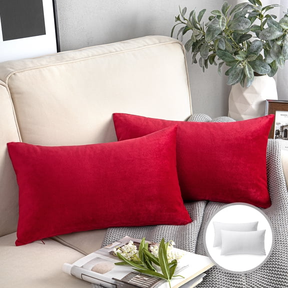 Phantoscope Soft Silky Velvet Series Square Decorative Throw Pillow Cusion for Couch, 12" x 20", Wine Red, 2 Pack