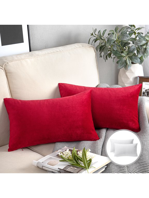 Soft Silky Velvet Series Square Decorative Throw Pillow Cusion for Couch, 12" x 20", Wine Red, 2 Pack