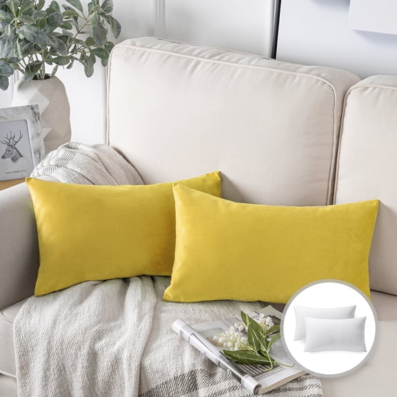 Phantoscope Soft Silky Velvet Series Square Decorative Throw Pillow Cusion for Couch, 12" x 20", Yellow, 2 Pack