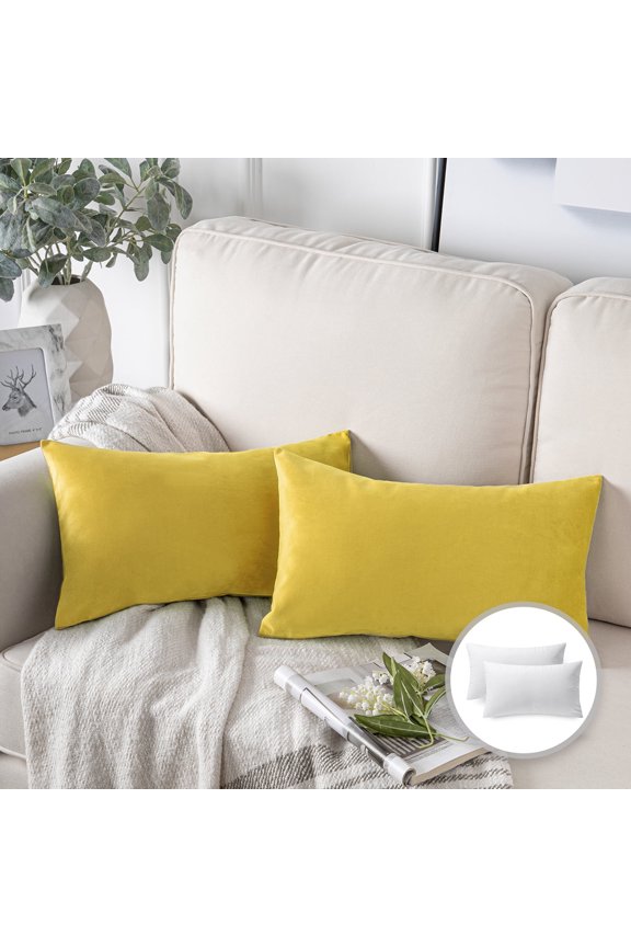 Soft Silky Velvet Series Square Decorative Throw Pillow Cusion for Couch, 12" x 20", Yellow, 2 Pack