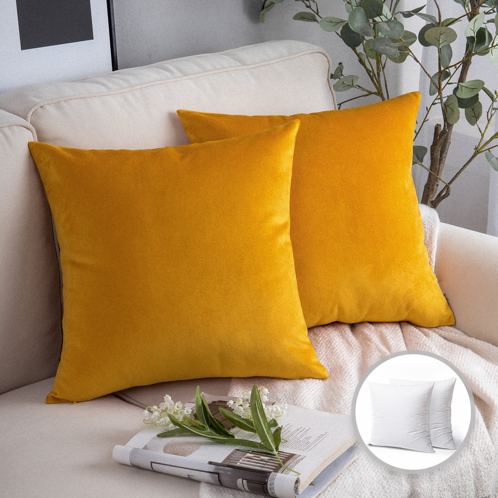 Phantoscope Soft Silky Velvet Series Square Decorative Throw Pillow Cusion for Couch, 18" x 18", Honey, 2 Pack