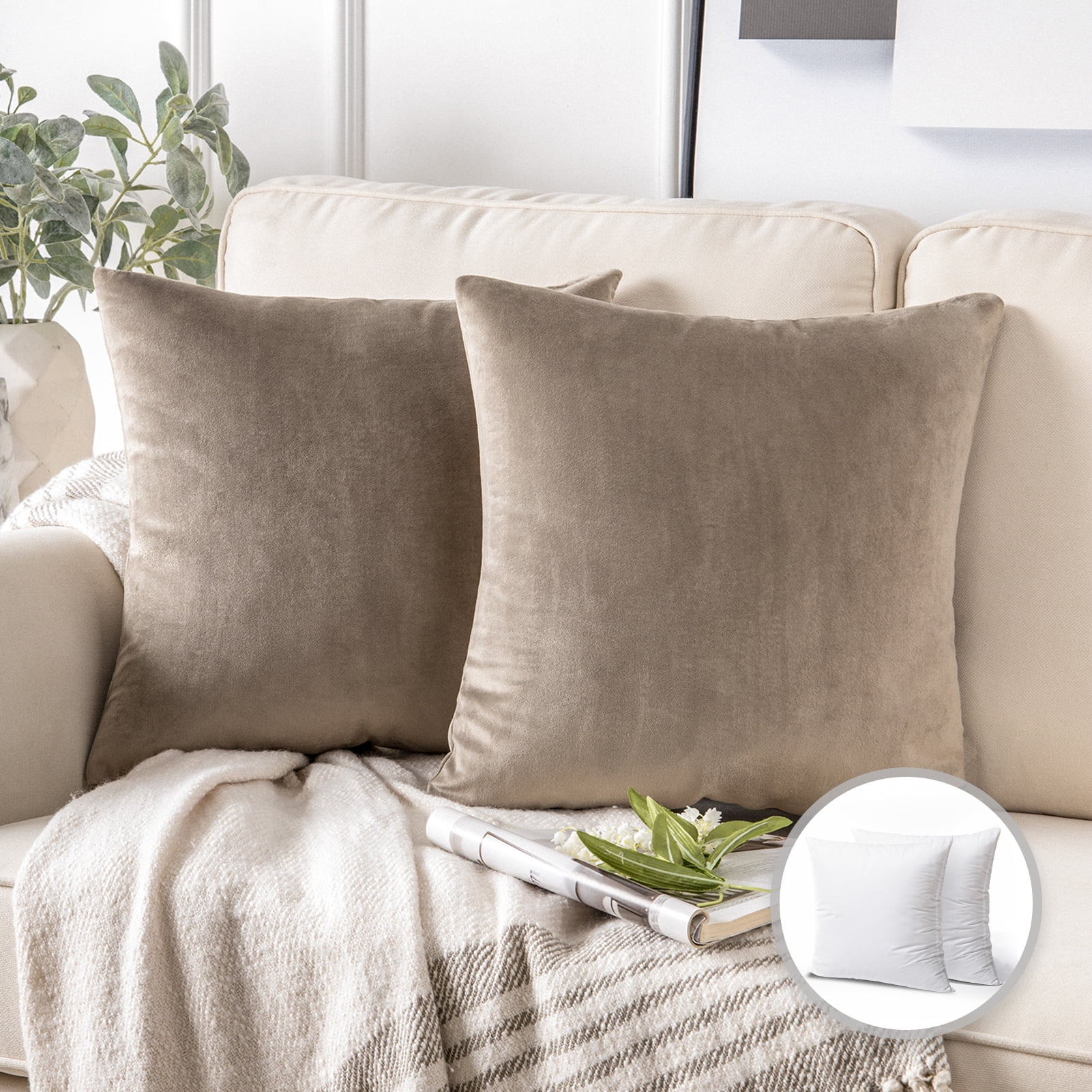 Phantoscope Soft Silky Velvet Series Square Decorative Throw Pillow Cusion for Couch, 18" x 18", Light Coffee, 2 Pack