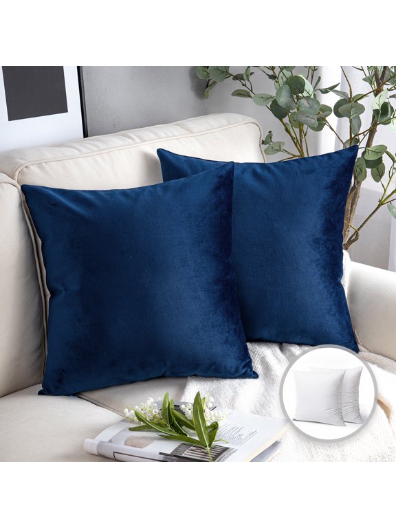 Soft Silky Velvet Series Square Decorative Throw Pillow Cusion for Couch, 18" x 18", Navy Blue, 2 Pack