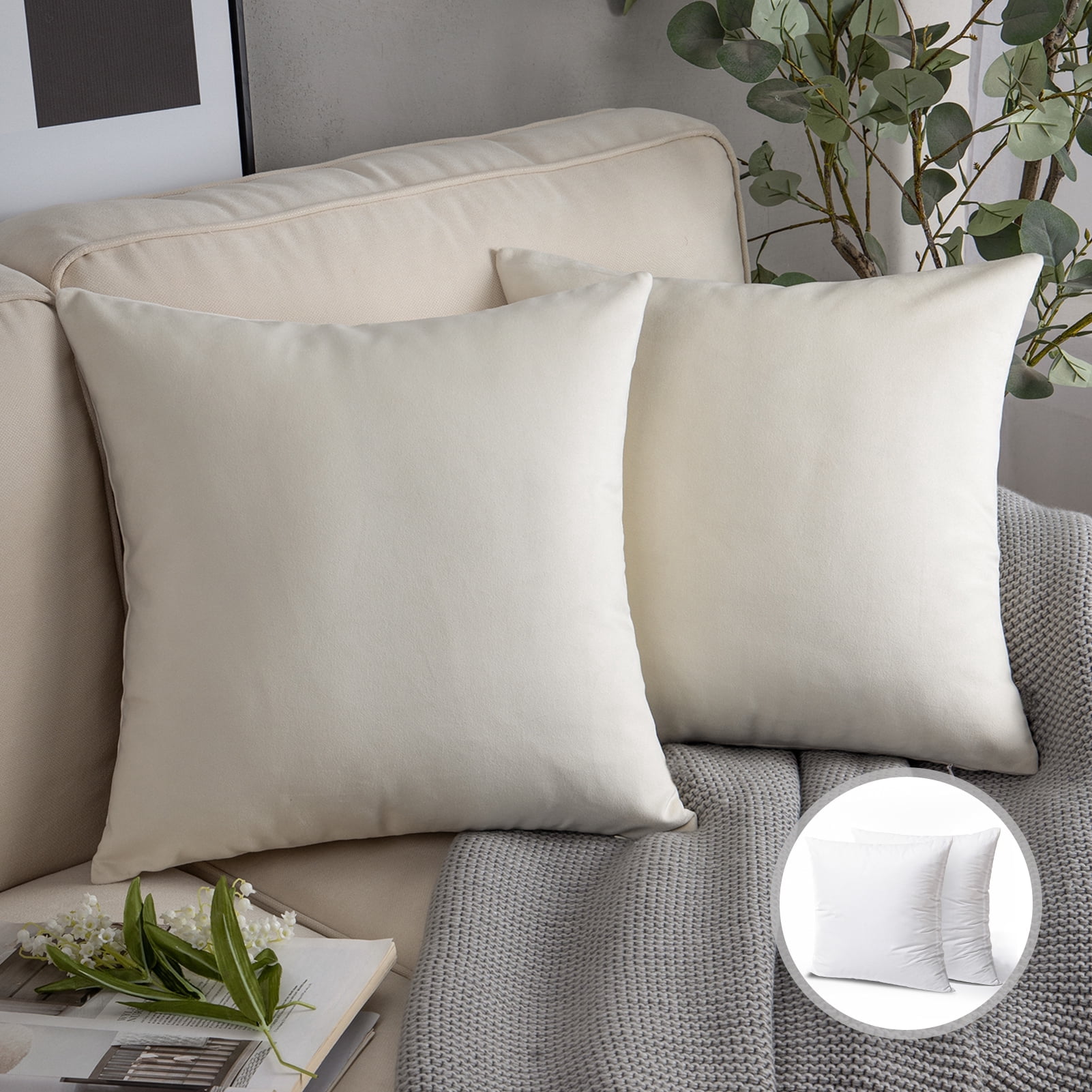 Phantoscope Soft Silky Velvet Series Square Decorative Throw Pillow Cusion for Couch, 18" x 18", Off White, 2 Pack
