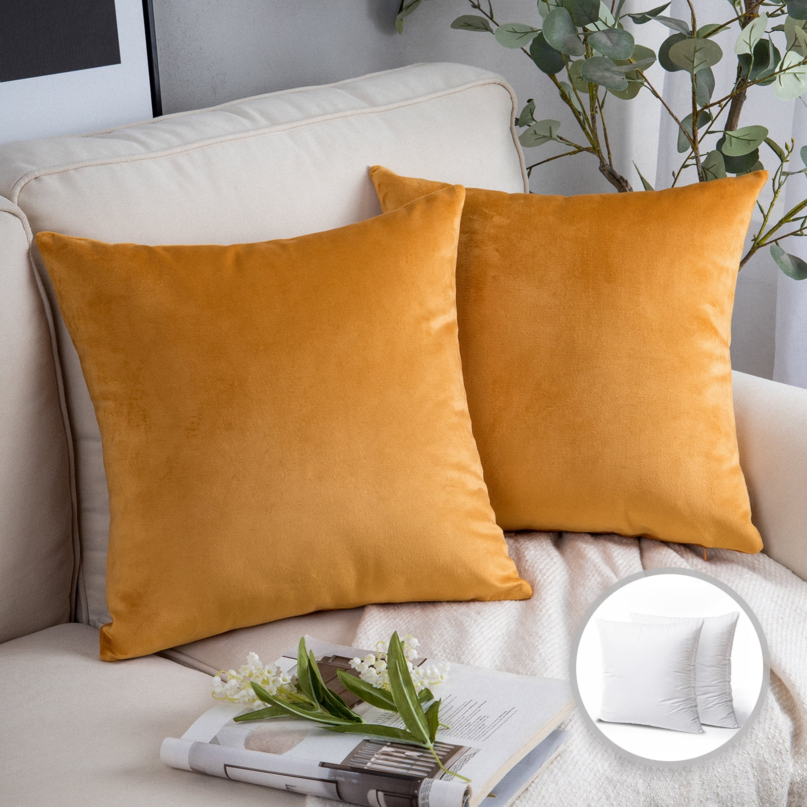 AQOTHES Pack of 2 Orange Fall Decorative Throw Pillow Covers 18x18 Inch  with Gold Feathers Leaf, Square Velvet Throw Pillows for Couch Sofa Bed  Living