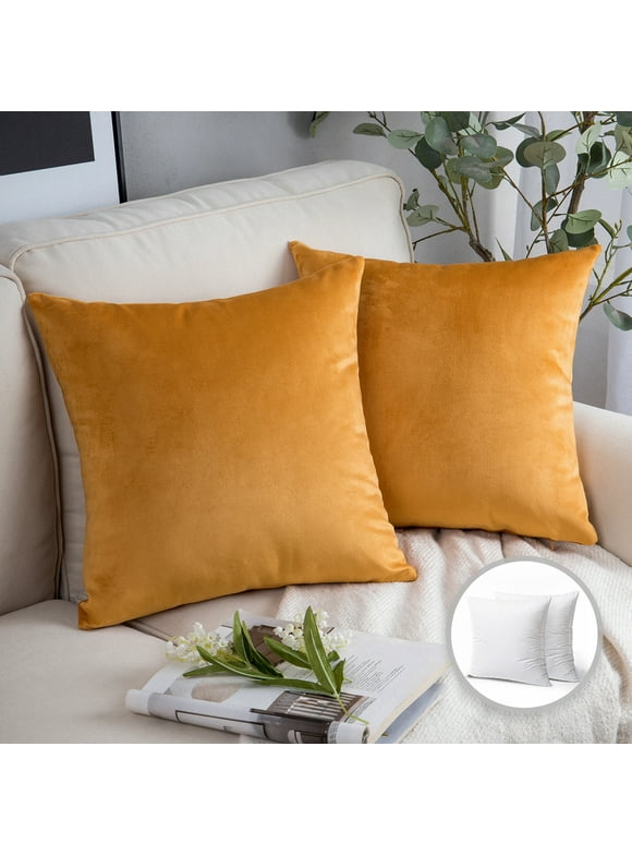 Phantoscope Soft Silky Velvet Series Square Decorative Throw Pillow Cusion for Couch, 18" x 18", Orange, 2 Pack