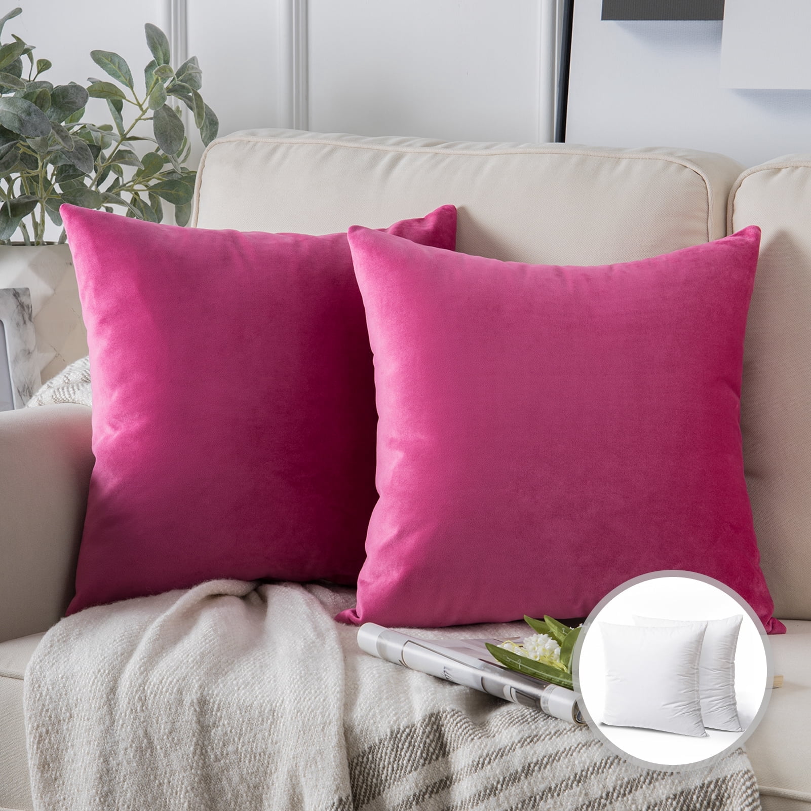 Phantoscope Soft Silky Velvet Series Square Decorative Throw Pillow Cusion for Couch, 18" x 18", Pink, 2 Pack