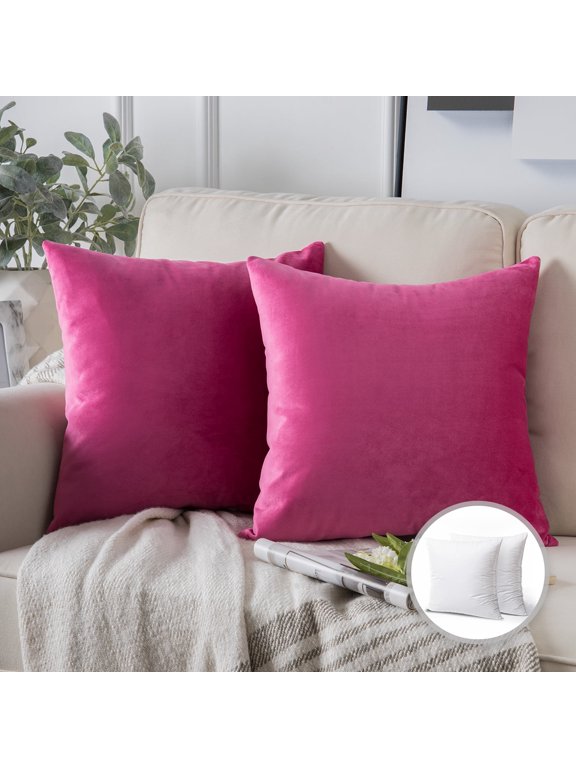 Soft Silky Velvet Series Square Decorative Throw Pillow Cusion for Couch, 18" x 18", Pink, 2 Pack