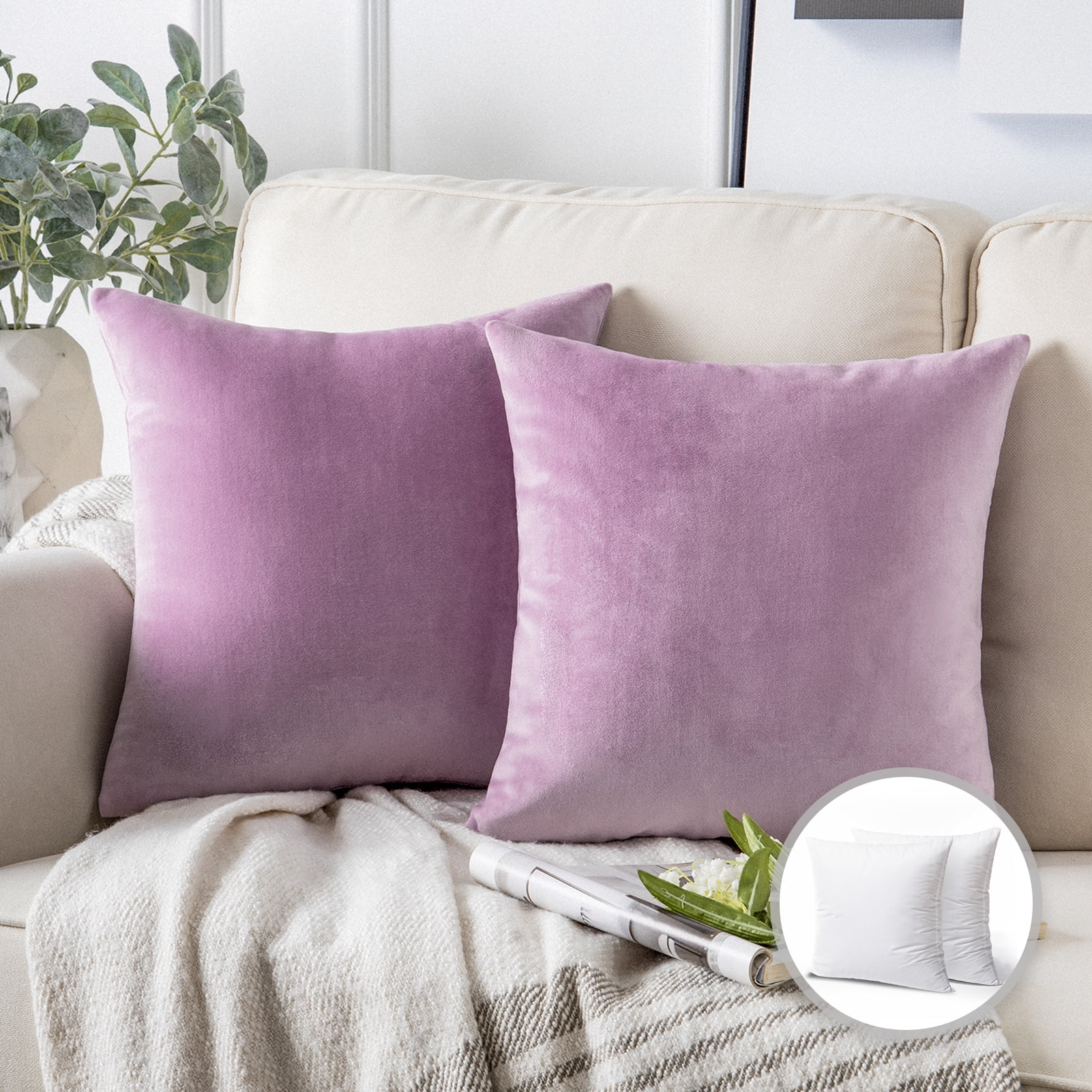 Phantoscope Soft Silky Velvet Series Square Decorative Throw Pillow Cusion for Couch, 18" x 18", Pink Purple, 2 Pack