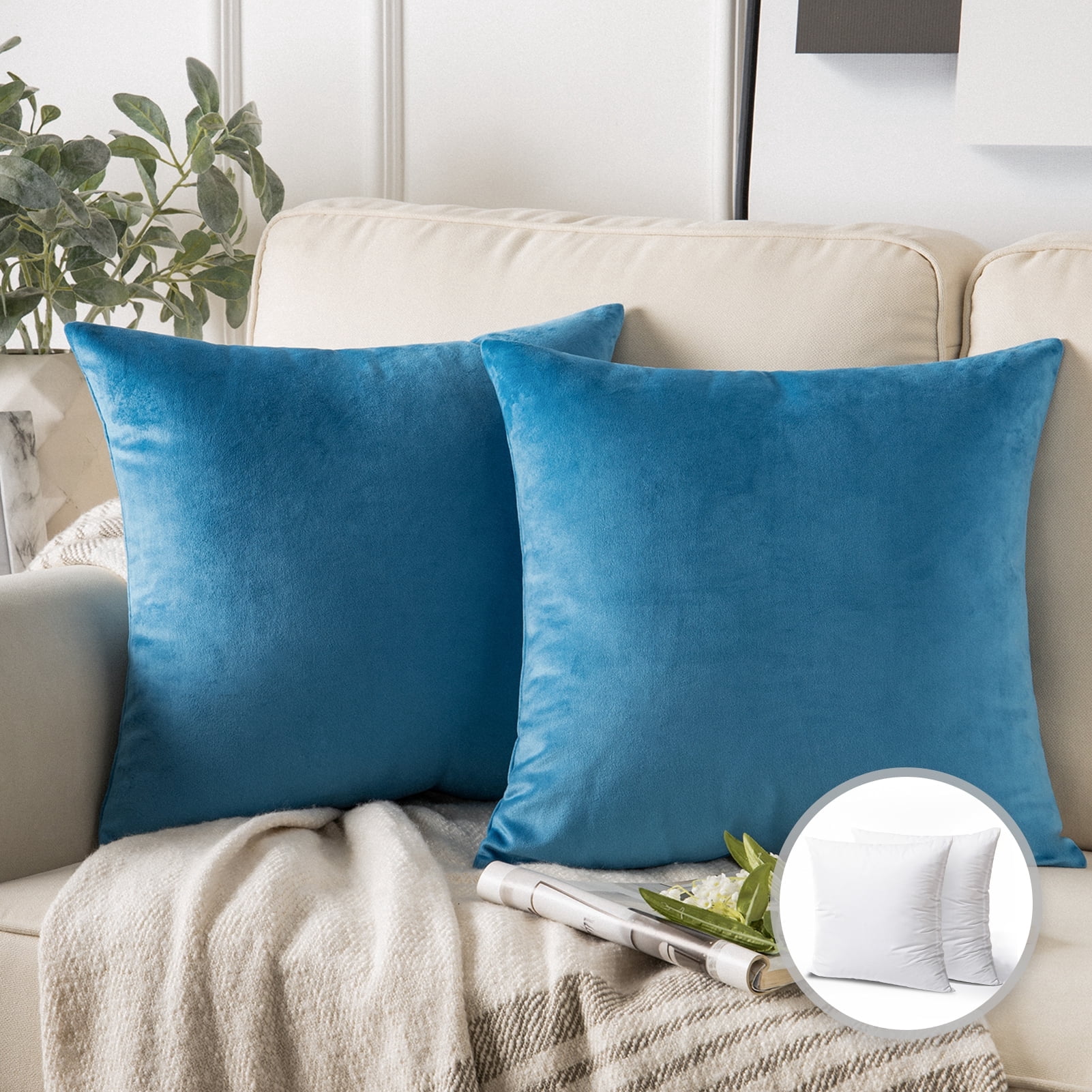 Phantoscope Soft Silky Velvet Series Square Decorative Throw Pillow Cusion for Couch, 18" x 18", Sky Blue, 2 Pack