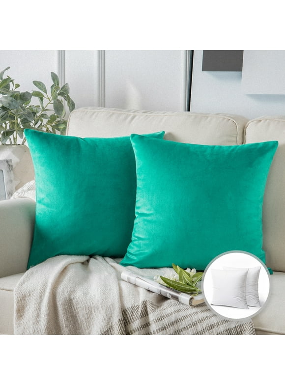 Phantoscope Soft Silky Velvet Series Square Decorative Throw Pillow Cusion for Couch, 18" x 18", Turquoise, 2 Pack