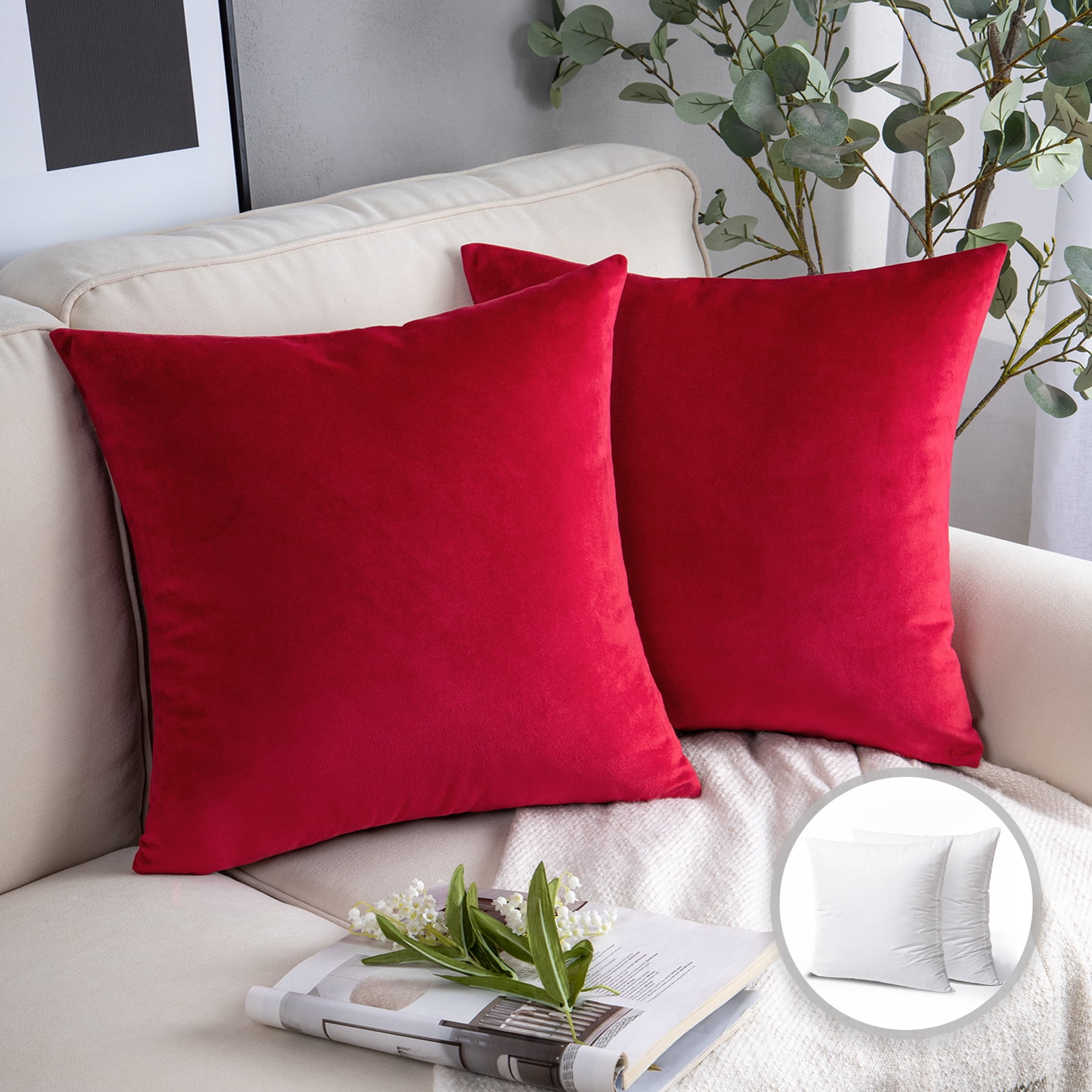 Phantoscope Soft Silky Velvet Series Square Decorative Throw Pillow Cusion for Couch, 18" x 18", Wine Red, 2 Pack