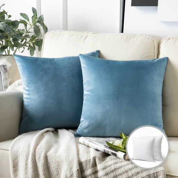 Phantoscope Soft Silky Velvet Series Square Decorative Throw Pillow Cusion for Couch, 20" x 20", Blue, 2 Pack