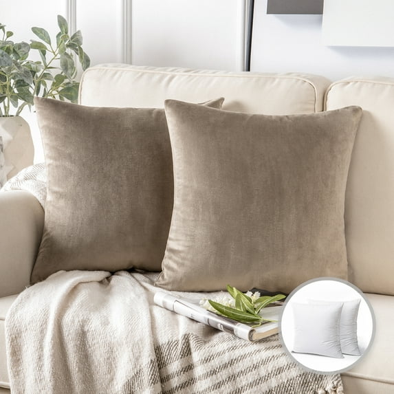 Phantoscope Soft Silky Velvet Series Square Decorative Throw Pillow Cusion for Couch, 20" x 20", Coffee, 2 Pack