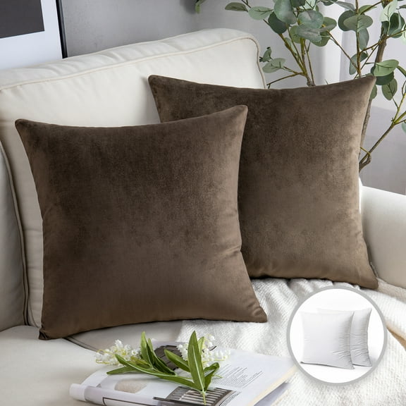 Phantoscope Soft Silky Velvet Series Square Decorative Throw Pillow Cusion for Couch, 20" x 20", Dark Brown, 2 Pack