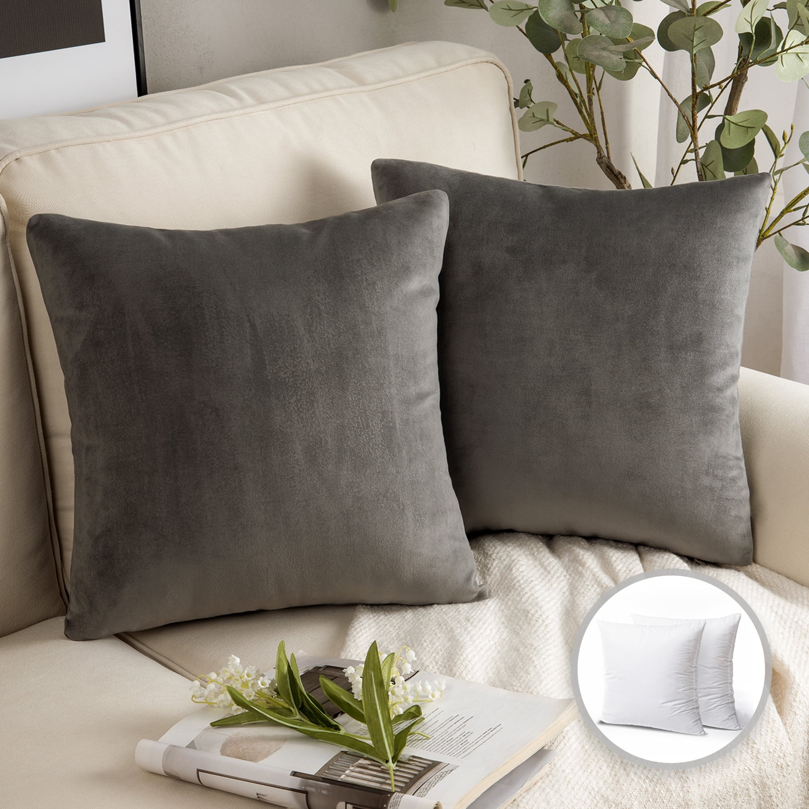 Phantoscope Soft Silky Velvet Series Square Decorative Throw Pillow Cusion for Couch, 20" x 20", Dark Gray, 2 Pack