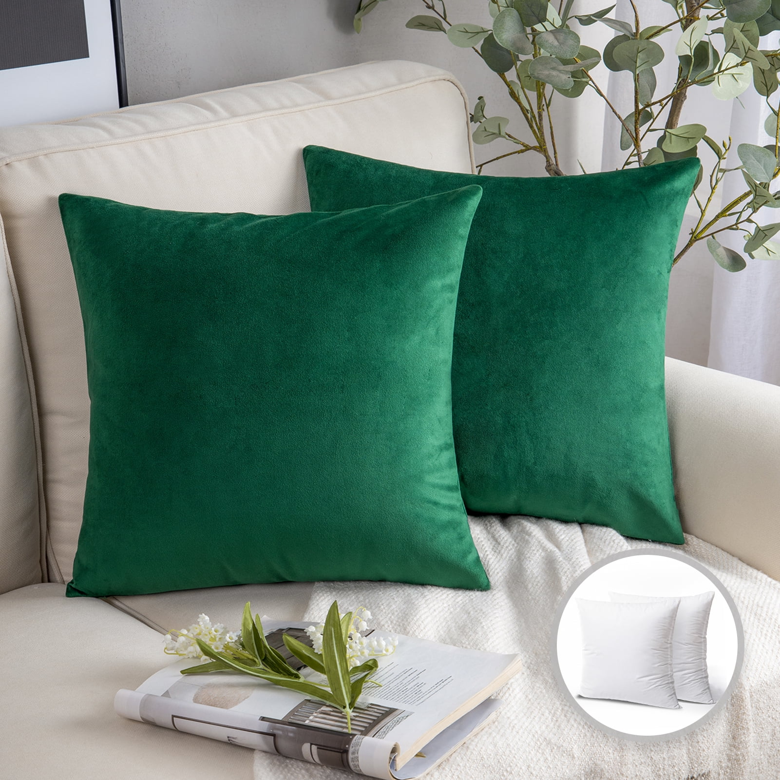 Phantoscope Soft Silky Velvet Series Square Decorative Throw Pillow Cusion for Couch, 20" x 20", Dark Green, 2 Pack