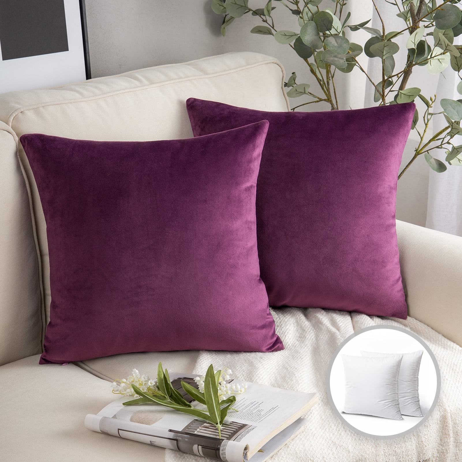 Phantoscope Soft Silky Velvet Series Square Decorative Throw Pillow Cusion for Couch, 20" x 20", Dark Purple, 2 Pack