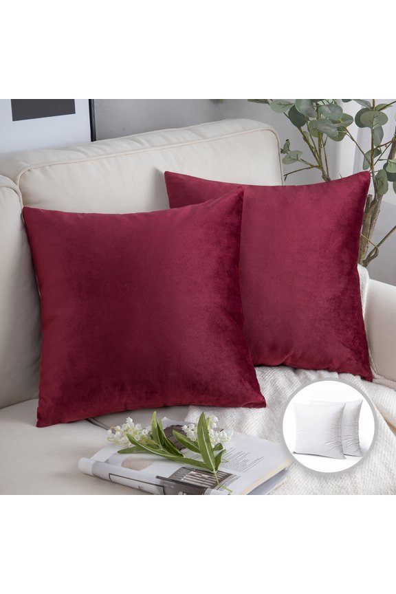 Soft Silky Velvet Series Square Decorative Throw Pillow Cusion for Couch, 20" x 20", Dark Red, 2 Pack