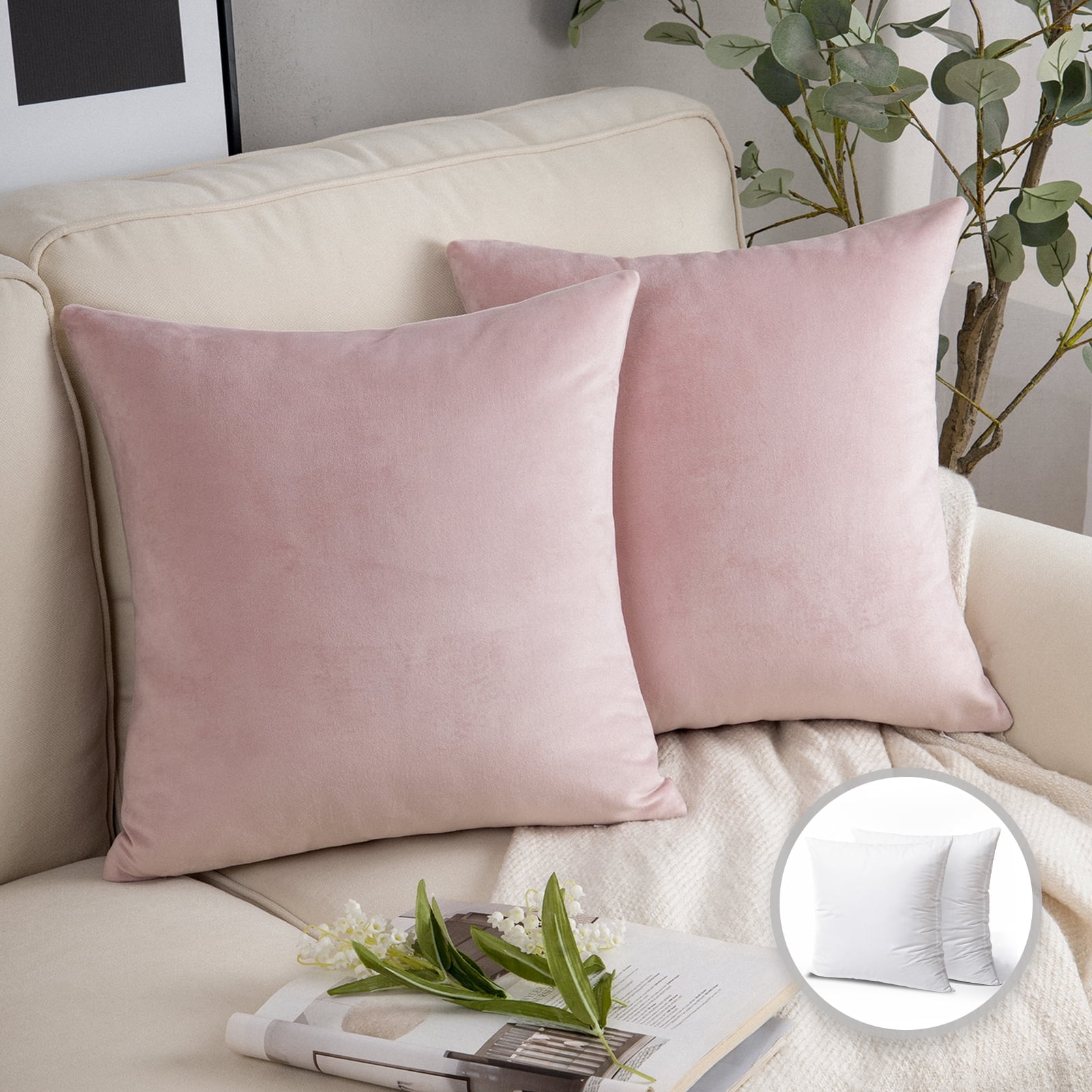 Phantoscope Soft Silky Velvet Series Square Decorative Throw Pillow Cusion for Couch, 20" x 20", Light Pink, 2 Pack