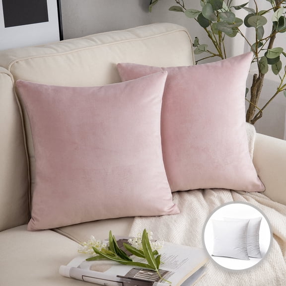 Phantoscope Soft Silky Velvet Series Square Decorative Throw Pillow Cusion for Couch, 20" x 20", Light Pink, 2 Pack