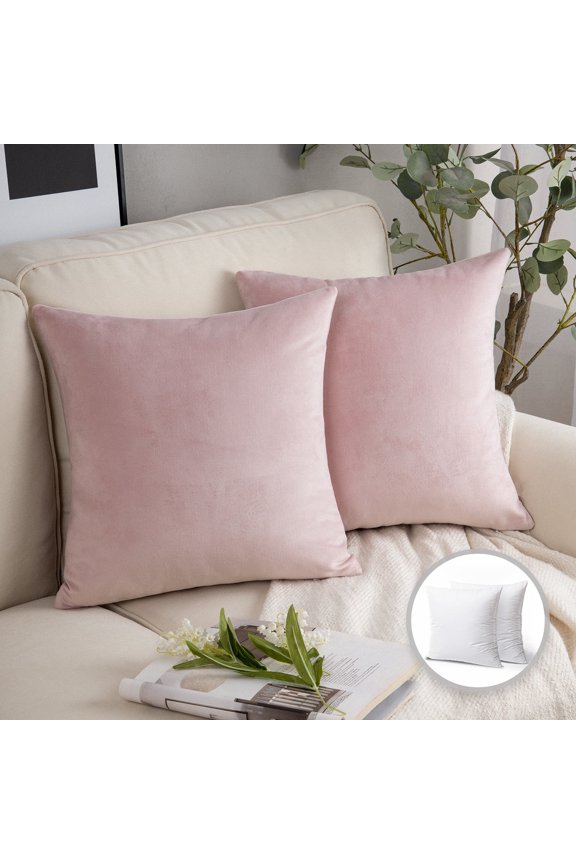 Soft Silky Velvet Series Square Decorative Throw Pillow Cusion for Couch, 20" x 20", Light Pink, 2 Pack