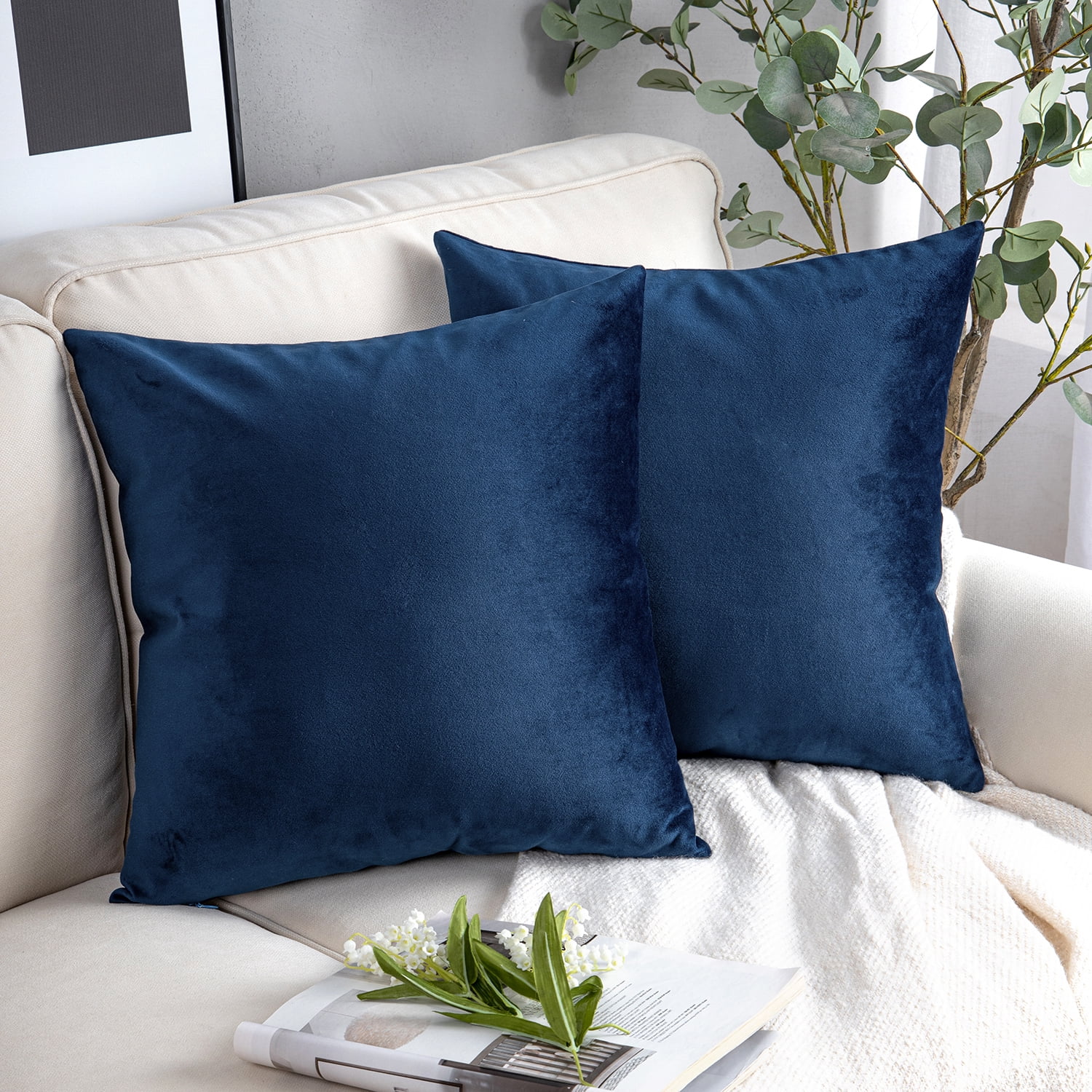 Phantoscope Soft Silky Velvet Throw Pillow Covers 20x20 Inch Set of 2 Decorative Cushion Covers for Couch Sofa Bedroom Living Room, Pillow Cases Only, Navy Blue