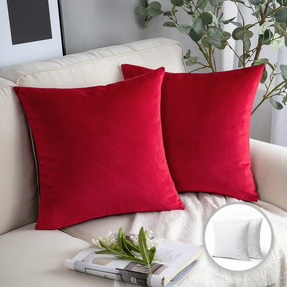 Phantoscope Soft Silky Velvet Series Square Decorative Throw Pillow Cusion for Couch, 20" x 20", Wine Red, 2 Pack