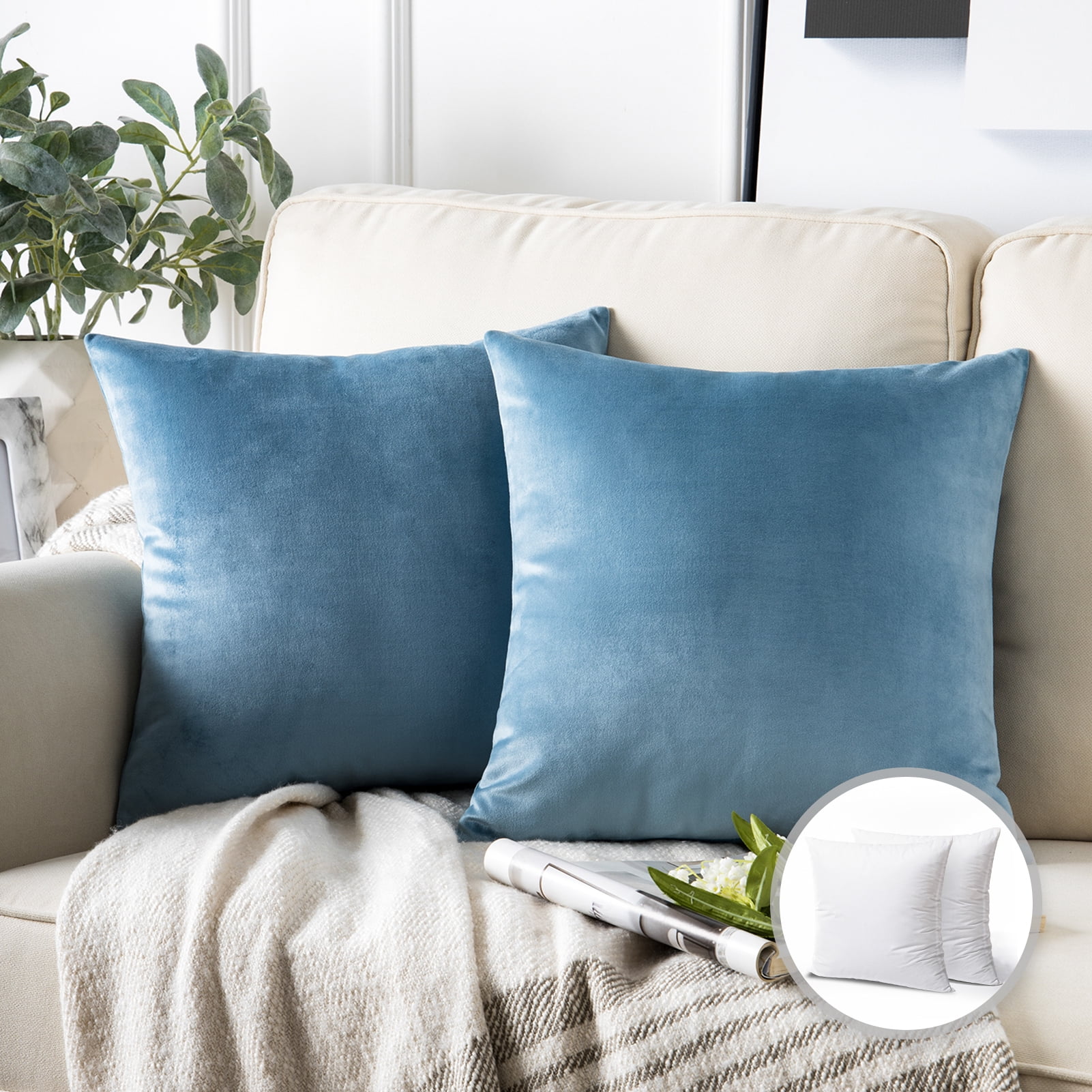 Phantoscope Soft Silky Velvet Series Square Decorative Throw Pillow Cusion for Couch, 22" x 22", Blue, 2 Pack