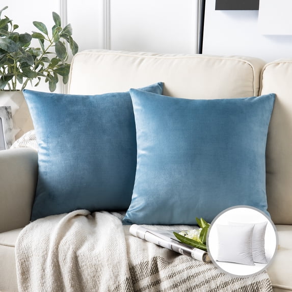 Phantoscope Soft Silky Velvet Series Square Decorative Throw Pillow Cusion for Couch, 22" x 22", Blue, 2 Pack