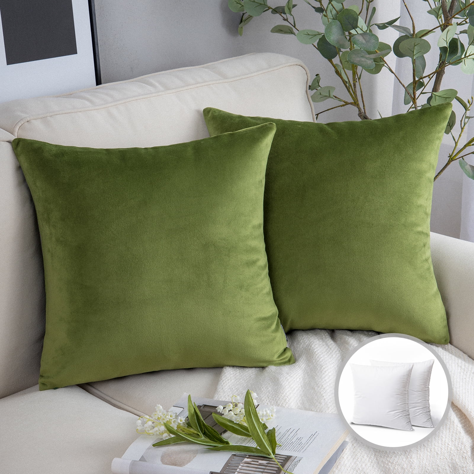 Phantoscope Soft Silky Velvet Series Square Decorative Throw Pillow Cusion for Couch, 22" x 22", Green, 2 Pack